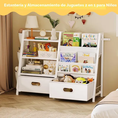 Miniatura 4 de Homeiju - Estantería para niños y organizador de almacenamiento de juguetes, estantería de 3 niveles para niños, estantería con bandeja y 2