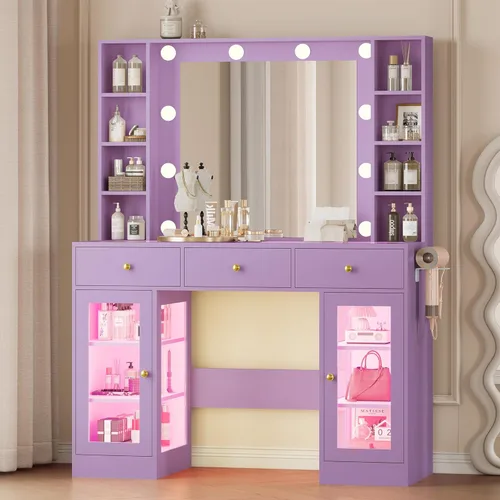 Miniatura 22 de Wodeer Pequeño escritorio de maquillaje con espejo y luces, tocador con armario de cristal, luces LED y toma de corriente, cajón y gabinetes