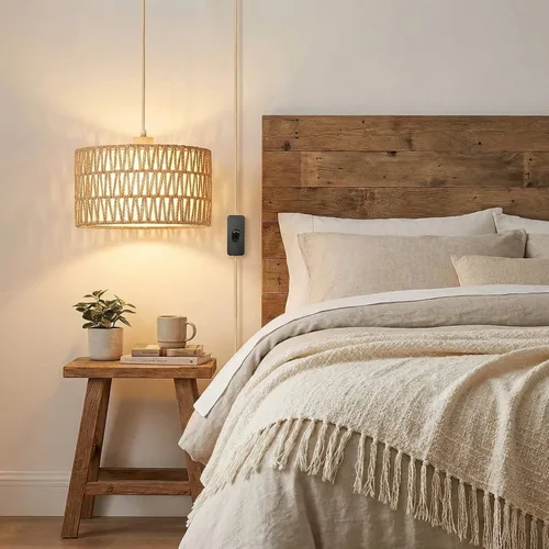 Miniatura 4 de Lámpara Colgante Enchufable de Ratán, Luces Colgantes Boho con Sombra Tejida de Papel y Tela 2 en 1, Bombilla Regulable de 3 Vías Incluida, Lámpara