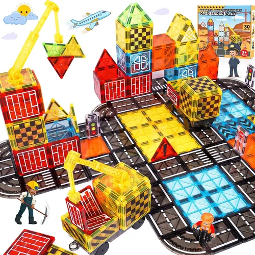 Laminados magnéticos juguetes de construcción para niños - Set de carretera con grúa magnética para niños de 3-5 4-8 8-10 años, Set de expansión de