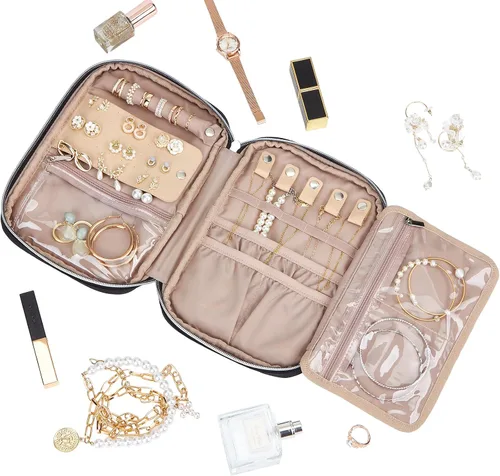 Miniatura 2 de BELALIFE Organizador de joyas de viaje, estuche portátil de almacenamiento de joyas para aretes, anillos, collares, pulseras, color negro
