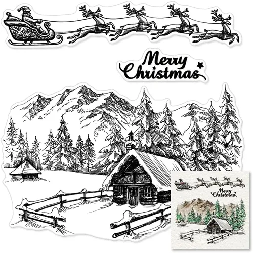 Sellos transparentes de montaña de Navidad para hacer tarjetas y decoraciones de álbum de fotos, sellos de silicona del trineo de Santa Claus sellos