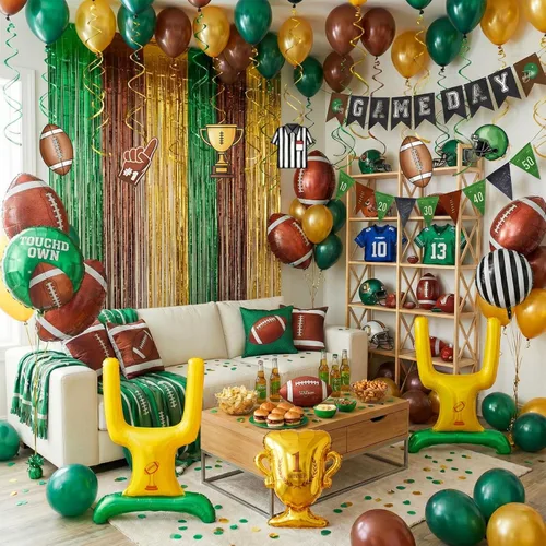 Miniatura 11 de Globos de fútbol verde oscuro, marrón y negro, globos con pancarta, colgante, remolino, poste de meta, globos de fútbol para deportes, cumpleaños