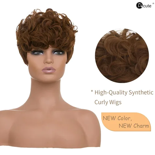 Miniatura 6 de DOcute - Pelucas Pixie cortas marrones para mujeres negras, peluca de reemplazo diario con corte Pixie y flequillo, pelucas rizadas cortas en capas
