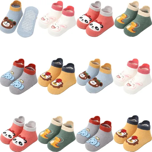 Miniatura 36 de Calcetines antideslizantes con agarre para tobillos, paquete de 12 unidades para niños pequeños, niños y niñas, lindos calcetines de algodón