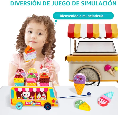 Miniatura 3 de HELLOWOOD Camión de helados de madera, 28 piezas magnéticas de helados dulces, alimentos y accesorios, juguetes Montessori de clasificación