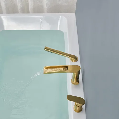 Miniatura 5 de Wowkk Grifo de Bañera de Cascada Romano Montaje en Cubierta Grifo de Bañera de Níquel Cepillado Relleno de Bañera de Latón Grifos de Bañera con Oro