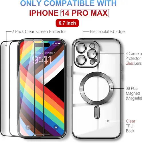 Miniatura 3 de Magsafe - Funda para iPhone 14 Pro Max, funda magnética transparente para teléfono con protector de pantalla y cubierta de cámara, funda galvanizada