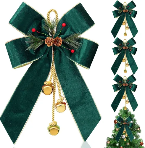Miniatura 11 de Yinkin Corona de Árbol de Navidad Lazo Lazos de Cinta de Navidad con Campanas 11 x 7.8 pulgadas Terciopelo Cono de Pino Lazo Adornos Colgantes