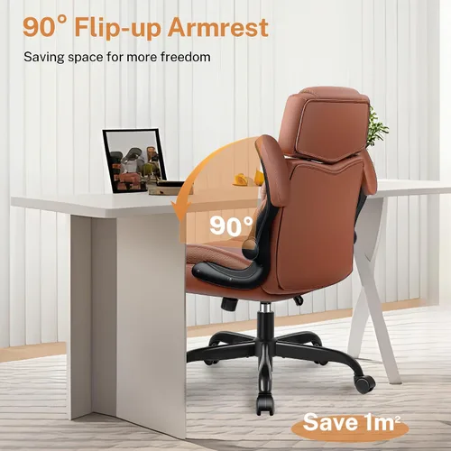 Miniatura 8 de Silla de oficina con brazos abatibles, silla de oficina ejecutiva de cuero ergonómica con soporte lumbar, reposacabezas ajustable, silla