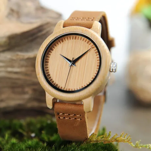 Miniatura 5 de BOBO BIRD Reloj de madera de bambú para hombre y mujer con correa de cuero de vaca marrón, relojes casuales de cuarzo analógico