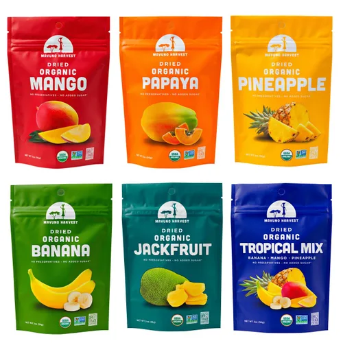 Mavuno Harvest Paquete variado de frutas secas orgánicas, mango seco, papaya, piña, plátano, yaca y mezcla tropical, saludable, vegano, sin azúcar