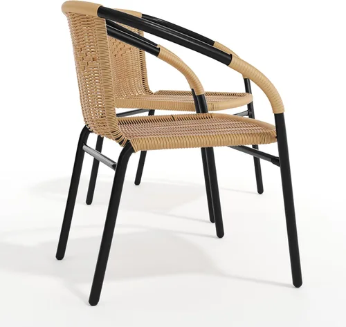 Miniatura 11 de Flash Furniture Lila Paquete de 2 Sillas Apilables de Ratán Beige para Restaurante Interior-Exterior