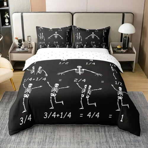 Skull Maths Bedding Set Boys Girls Gothic Style Duvet Cover Halloween Skeletons Black White Comforter Cover Kids Bedroom Decor 2Pcs Twin 100%