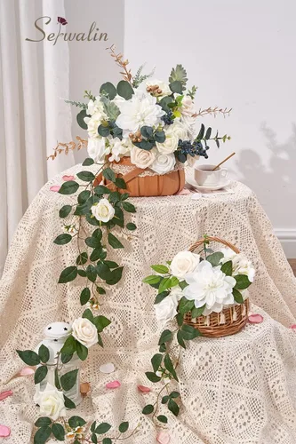 Miniatura 2 de Serwalin 2 Piezas Flores Artificiales Blancas Rosas Falsas Flores de Espuma de Seda Juego de Caja para Manualidades DIY Ramos de Pastel de Boda Un