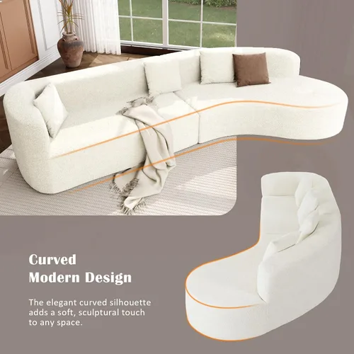 Miniatura 5 de Sofá moderno sin hueso con diseño curvo, sofá modular de felpilla de 2 piezas con 4 almohadas, esponja de felpa, cojín de resorte y esponja grande