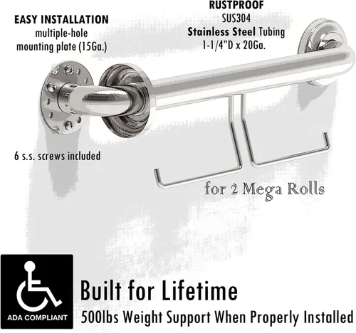Miniatura 6 de Barra de agarre compatible con ADA con soporte para papel higiénico (2 megarrollos), soporte de peso de 500 libras, 1-1/4 x 16 pulgadas para montaje