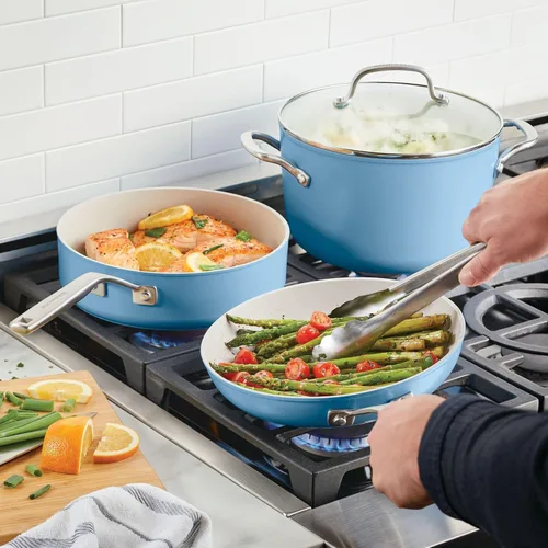 Miniatura 6 de KitchenAid Juego de ollas y sartenes antiadherentes de cerámica anodizada dura, 9 piezas, terciopelo azul Azul terciopelo