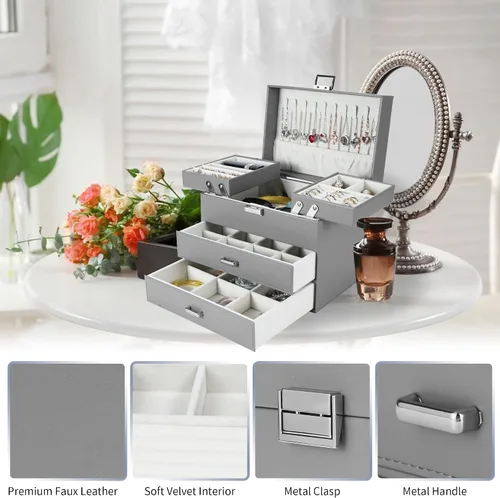 Miniatura 6 de Dajasan Caja organizadora de joyas, cajas de joyería para mujeres y niñas, 4 capas, caja de almacenamiento grande de joyería para aretes, anillos