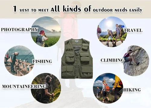 Miniatura 6 de Flygo Chaleco Chaqueta de Carga para Hombre Casual Ligero para Exteriores Pesca Trabajo Safari Viaje Foto con Múltiples Bolsillos