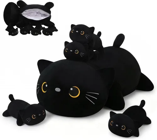 SQEQE Peluche de gato negro con 4 bebés, gato en la barriga, lindo gato negro de peluche para niños, regalos ideales para Navidad, San Valentín,