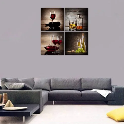Miniatura 6 de Wieco Art Copas de vino tinto grandes, modernas, 4 paneles envueltos en galería, impresiones abstractas de lienzo giclée, obras de arte