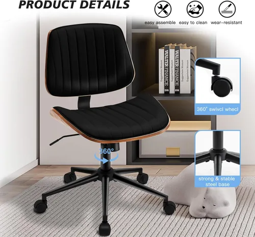 Miniatura 4 de Silla de escritorio sin brazos con ruedas giratorias de 360°, silla de computadora ergonómica de altura ajustable para oficina en casa, piel Negro