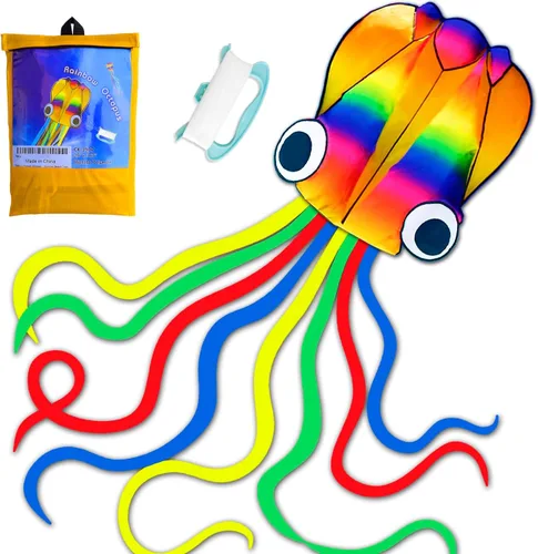 Honbo Cometa de pulpo suave arcoíris para niños y audlts, cometa grande con línea de vuelo de 200 pies, juguete fácil de volar para juegos al aire