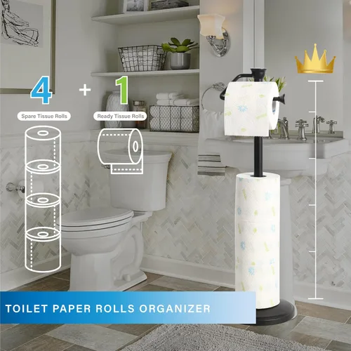 Miniatura 6 de ZCCZ - Soporte de papel higiénico independiente con reserva, dispensador de almacenamiento de papel de baño para 5 mega rollos, organizador negro