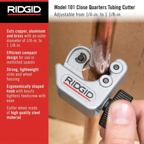Miniatura 2 de Ridgid - CC247 RIDGID 40617 Modelo 101 Cortador de Tubos para Espacios Reducidos, Cortador de Tubos de 1/4 pulgada a 1-1/8 pulgadas Plateado