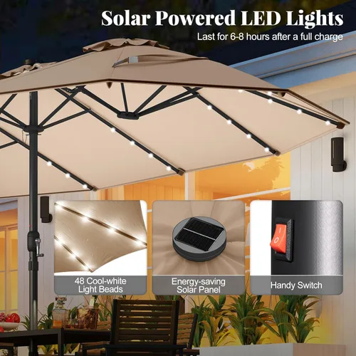 Miniatura 5 de Tangkula Sombrilla solar de doble cara de 15 pies para patio, sombrilla individual extragrande para exteriores con 48 luces LED, parte superior