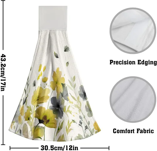 Miniatura 2 de Poppy Flower Hanging Hand Towels Set of 2,17x12 Inch Watercolor Chinoiserie Yellow Black Floral Soft Absorbent Dish Cloth Tie Towel for Kitchen