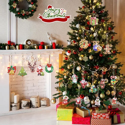 Miniatura 4 de Qinzave 26 piezas de llavero de pintura de diamante de Navidad 5D llavero de arte de diamante, adorno de Navidad con diamantes de imitación