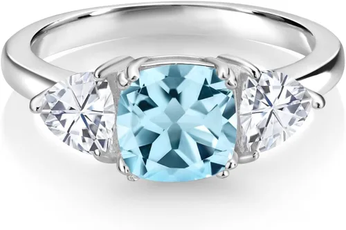 Miniatura 26 de 925 Sterling Silver Gemstone Birthstone and White Moissanite 3-Stone Engagement Ring for Women 7MM Cushion and 5MM Trillion Accents Three Stone