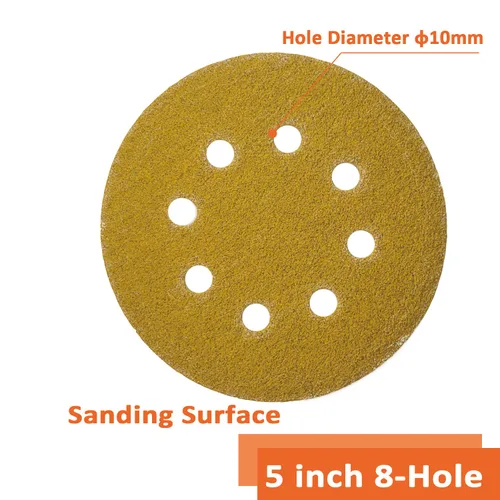 Miniatura 3 de Papel de lija orbital de 5 pulgadas, 8 agujeros, 60 granos, papel de lija de repuesto dorado húmedo y seco, apto para madera, molienda y pulido