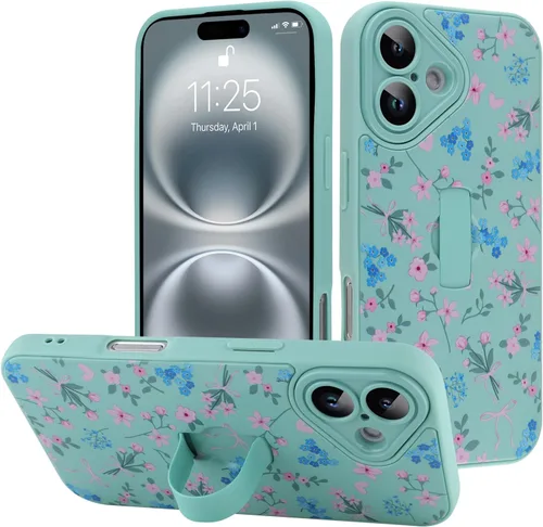 Miniatura 65 de Funda diseñada para iPhone 17 Pro Max con soporte plegable y correa para dedos, bonito patrón de lazo de corazón de flor rosa para mujeres y niñas
