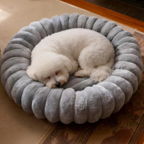 Miniatura 13 de Cama en forma de dona para perros y gatos, lujosa y cómoda cama de pelo sintético de conejo para mascotas, cama redonda antiansiedad calmante