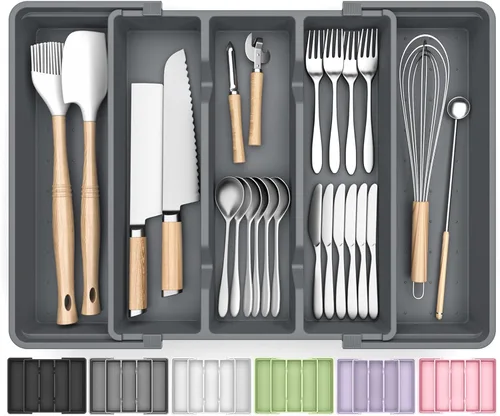 Miniatura 9 de Organizador grande de cubiertos, organizador de cajones de utensilios expandible para cajones de cocina, organizador de cajones de cocina