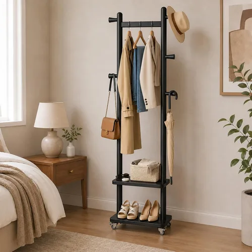 Miniatura 8 de Estante de abrigos de madera maciza independiente con ruedas y 2 estantes de almacenamiento y 5 ganchos, estante de ropa resistente, árbol de Negro