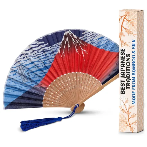 Abanico japonés de seda, ventilador plegable de mano de bambú para mujer, paisaje de montaña japonés, abanicos vintage de 14.5 x 8.2 pulgadas,