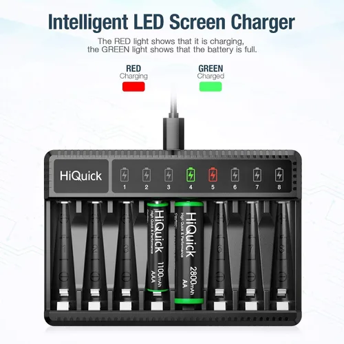 Miniatura 4 de HiQuick Cargador de batería inteligente de 8 bahías con batería 4AA y 4AAA + 16 pilas recargables AAA