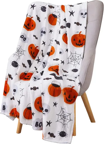 Miniatura 13 de Manta de Halloween: Jack O Lantern, calabazas, fantasmas blancos y telarañas en suave forro polar de terciopelo negro para sofá, sillas y cama Ghost