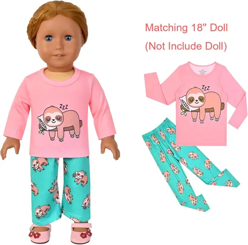 Miniatura 55 de QPANCY Conjunto de pijamas a juego para niñas y muñecas, pijamas de manga larga para otoño e invierno