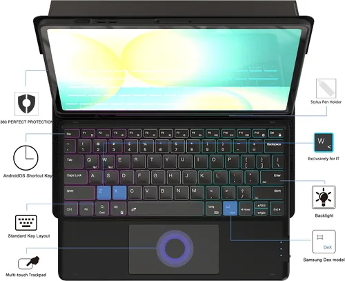 Miniatura 3 de Funda de teclado para Samsung Galaxy Tab S10 FE+ Plus de 13.1 pulgadas 2025: modo DEX con un solo clic, retroiluminación arcoíris, trackpad