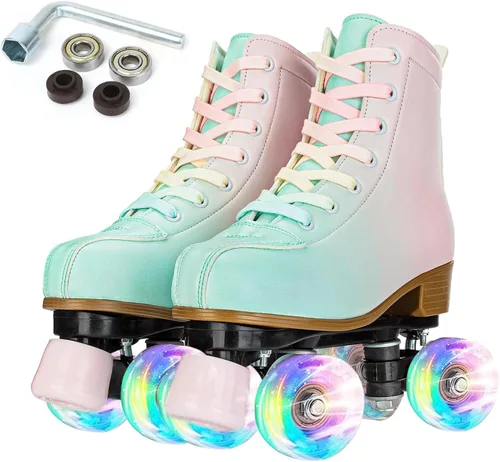 Miniatura 11 de XUDREZ Patines de ruedas para mujeres, patines de alta calidad holográficos de cuero de poliuretano, patines brillantes de doble fila de cuatro