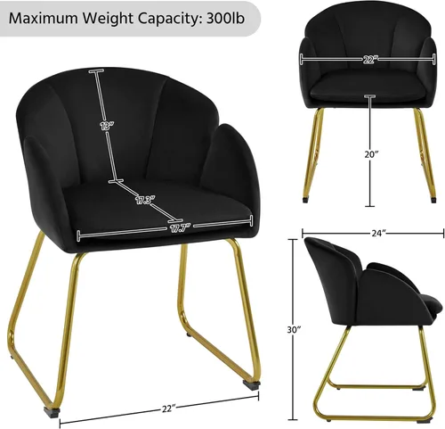 Miniatura 3 de Topeakmart Silla decorativa moderna, estilo floral, de terciopelo, con patas mentales doradas, para sala de estar, dormitorio, oficina en casa, Negro