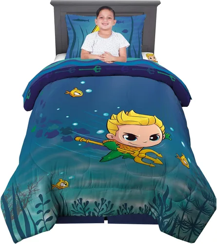 Franco Juego de edredón y sábanas para niños, 4 piezas, tamaño individual, Aquaman