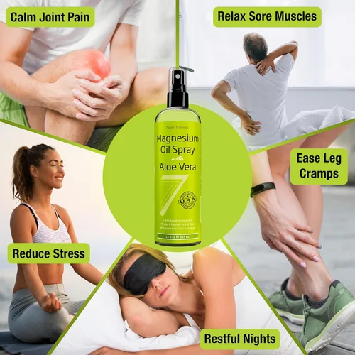 Miniatura 2 de Aceite de magnesio en spray con aloe vera para mejores resultados, 100% puro para un potente alivio del dolor muscular, síndrome de piernas