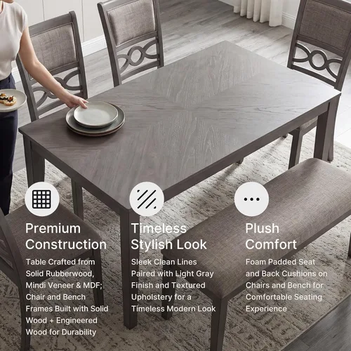 Miniatura 9 de Signature Design by Ashley Wrenning - Juego de mesa de comedor con estampado de diamantes, 4 sillas tapizadas y banco, asientos para 6, madera, gris