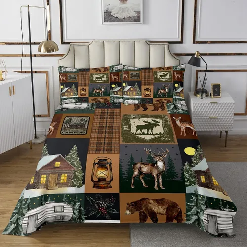 Miniatura 31 de Juego de colcha de cabaña de oso tamaño King, juego de colcha rústica de granja, juego de colcha retro de ciervos de caza, juego de ropa de cama